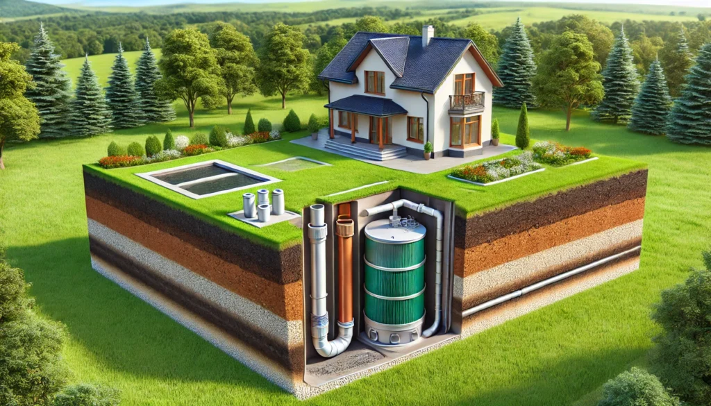 Сучасний пластиковий септик у системі автономної каналізації з фільтраційними полями.